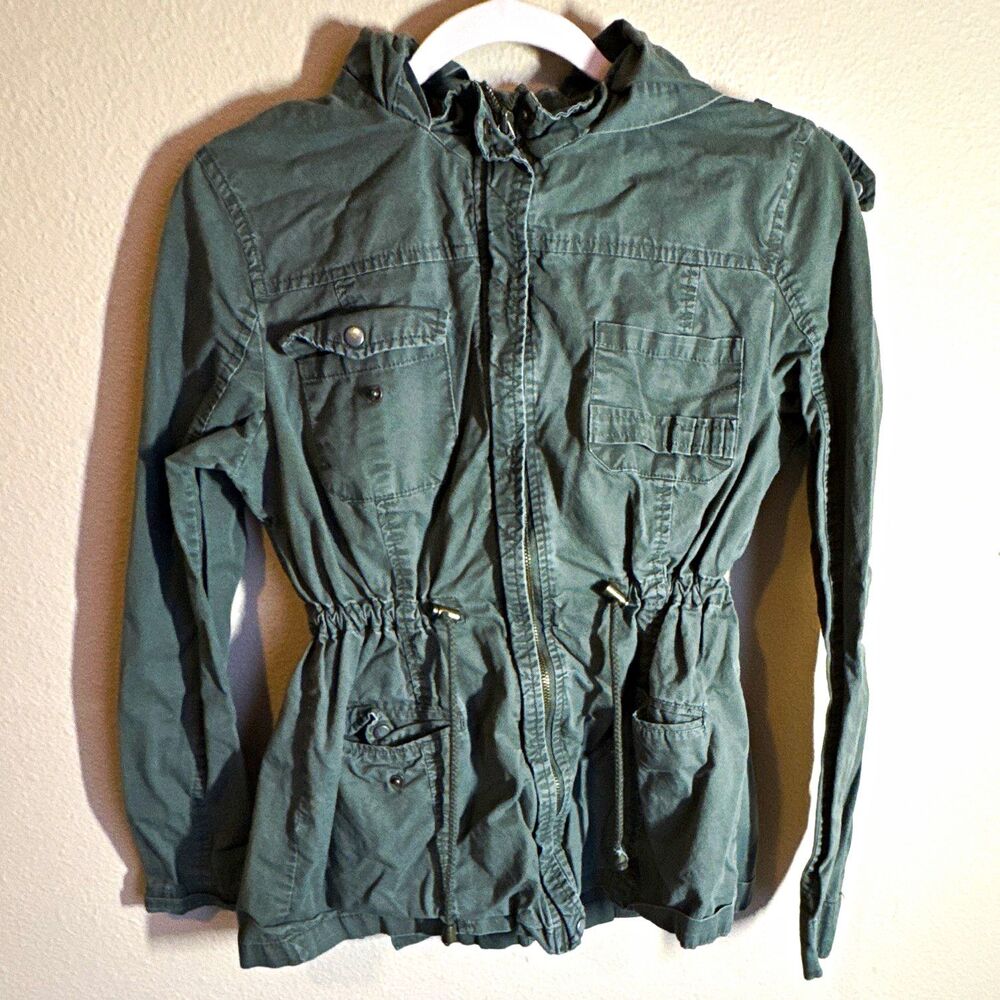 New Look Women’s Green Utility Hooded Full Zip Jacket Size L Pockets Drawstring